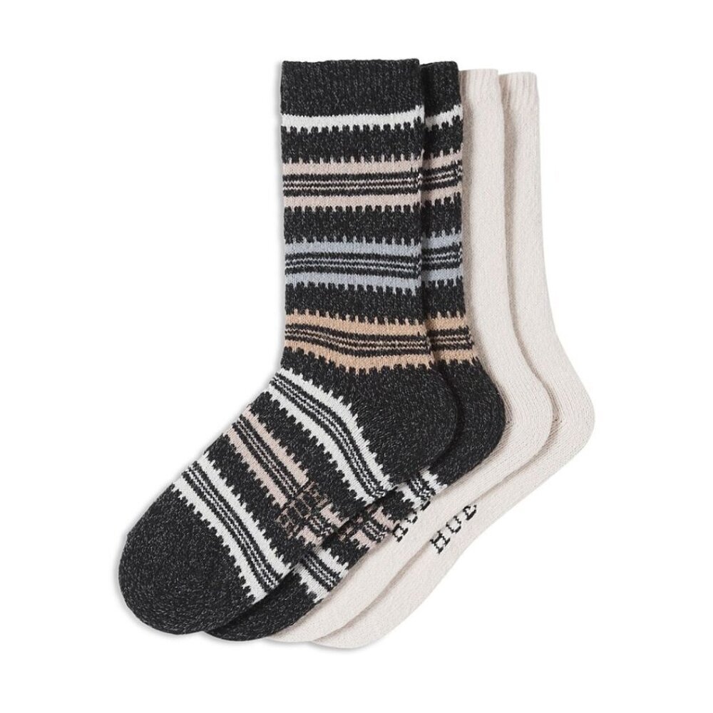 18$ HUE 2 Pack Striped Rib Trim Cuffs Boot Socks Women's Size One Black Beige